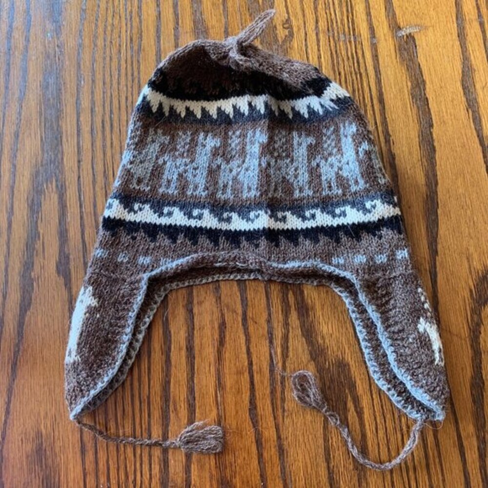 Hand Knit Alpaca Wool Chullo Earflap Hat Brown‎ Llama Pattern Boho Winter Beanie